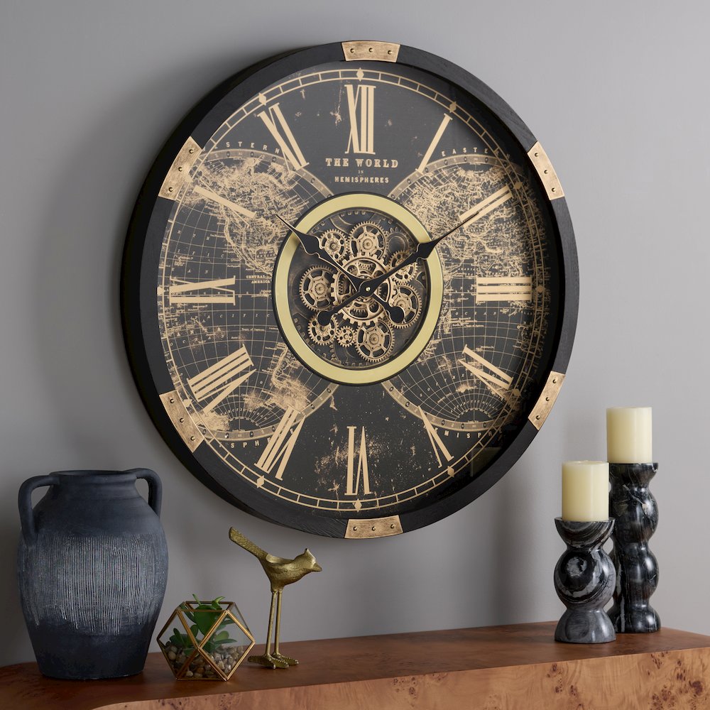 Ephersyn World Gear Wall Clock/Black/Gold. Picture 1