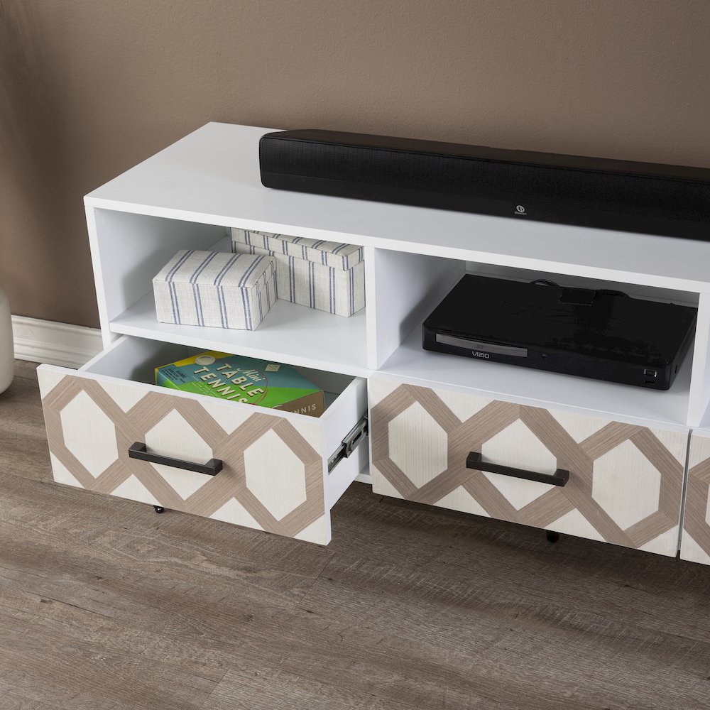 Eltisley TV Stand with Storage in White Color. Picture 4