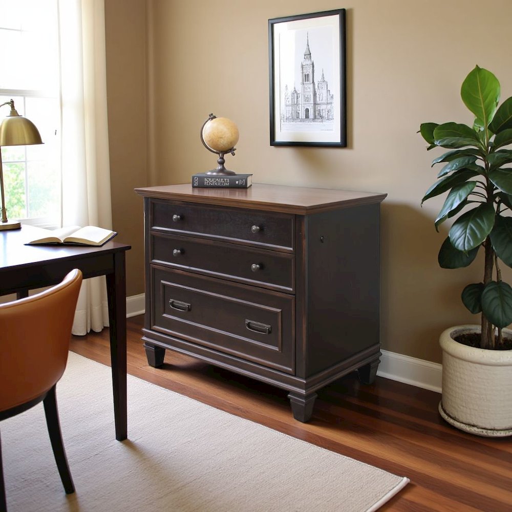 Brown Wood File Cabinet with Lock, 3-Drawer Lateral Filing Cabinet. Picture 3