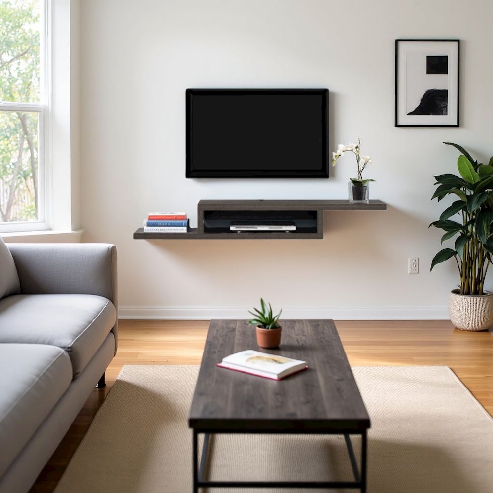 Floating TV Skyline Walnut Stand Wall Mounted Console, 60-Inch Wood Shelf. Picture 3