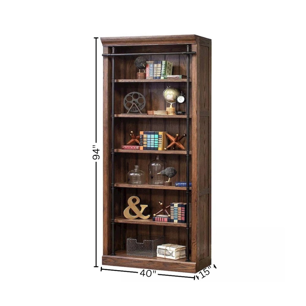 8-Foot Tall Wood Bookcase with 5 Adjustable Shelves, Steel Frame, Brown. Picture 6