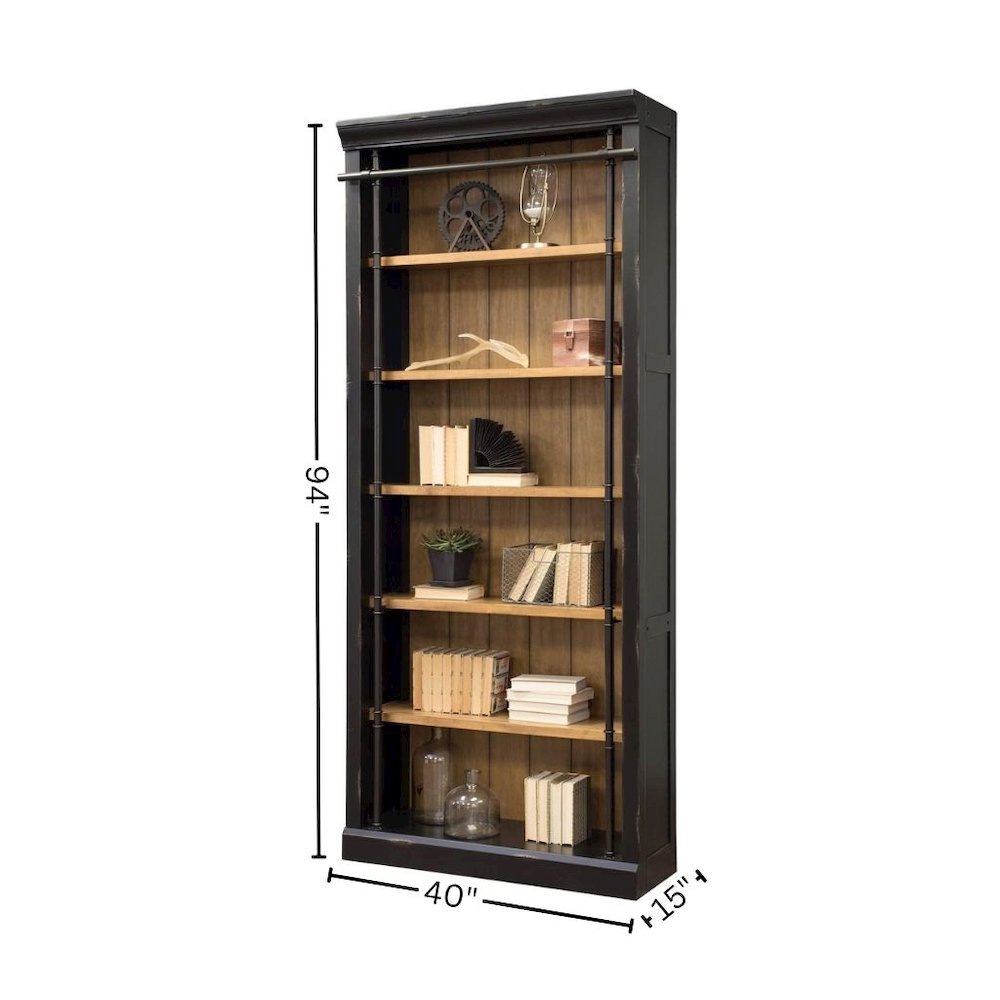 8-Foot Tall Wood Bookcase with 4 Adjustable Shelves, Steel Frame, Black. Picture 5