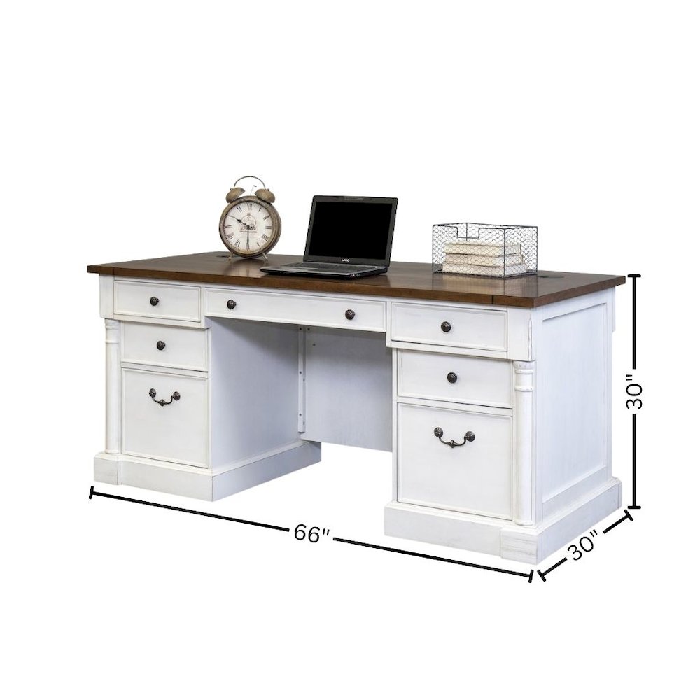 Rustic Wood Double Pedestal Executive Desk, 7 Drawers, White/Cherry. Picture 7