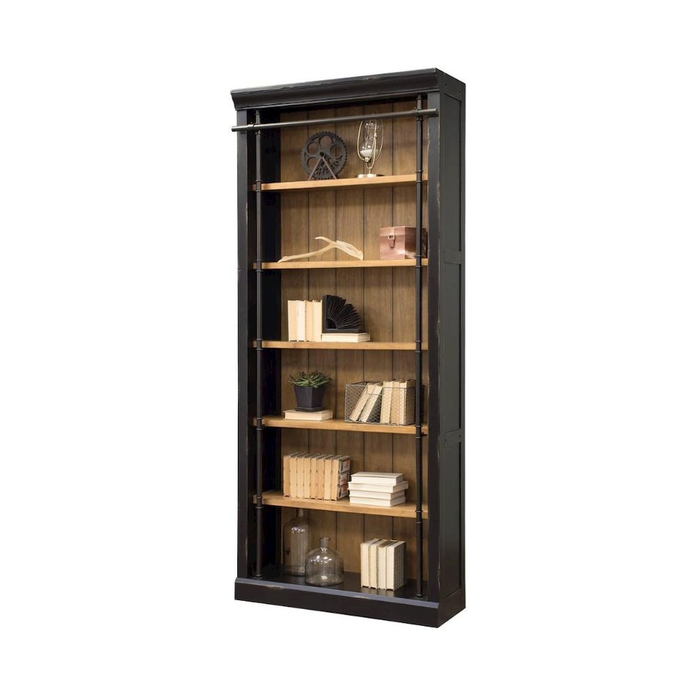 8-Foot Tall Wood Bookcase with 4 Adjustable Shelves, Steel Frame, Black. Picture 1