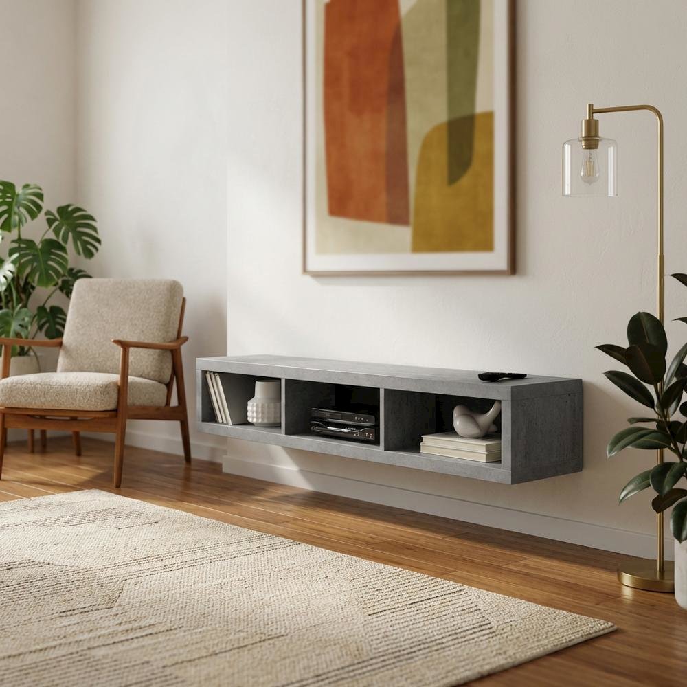 Floating TV Stand Wall Mounted Console, Gray Wood Entertainment Shelf. Picture 2