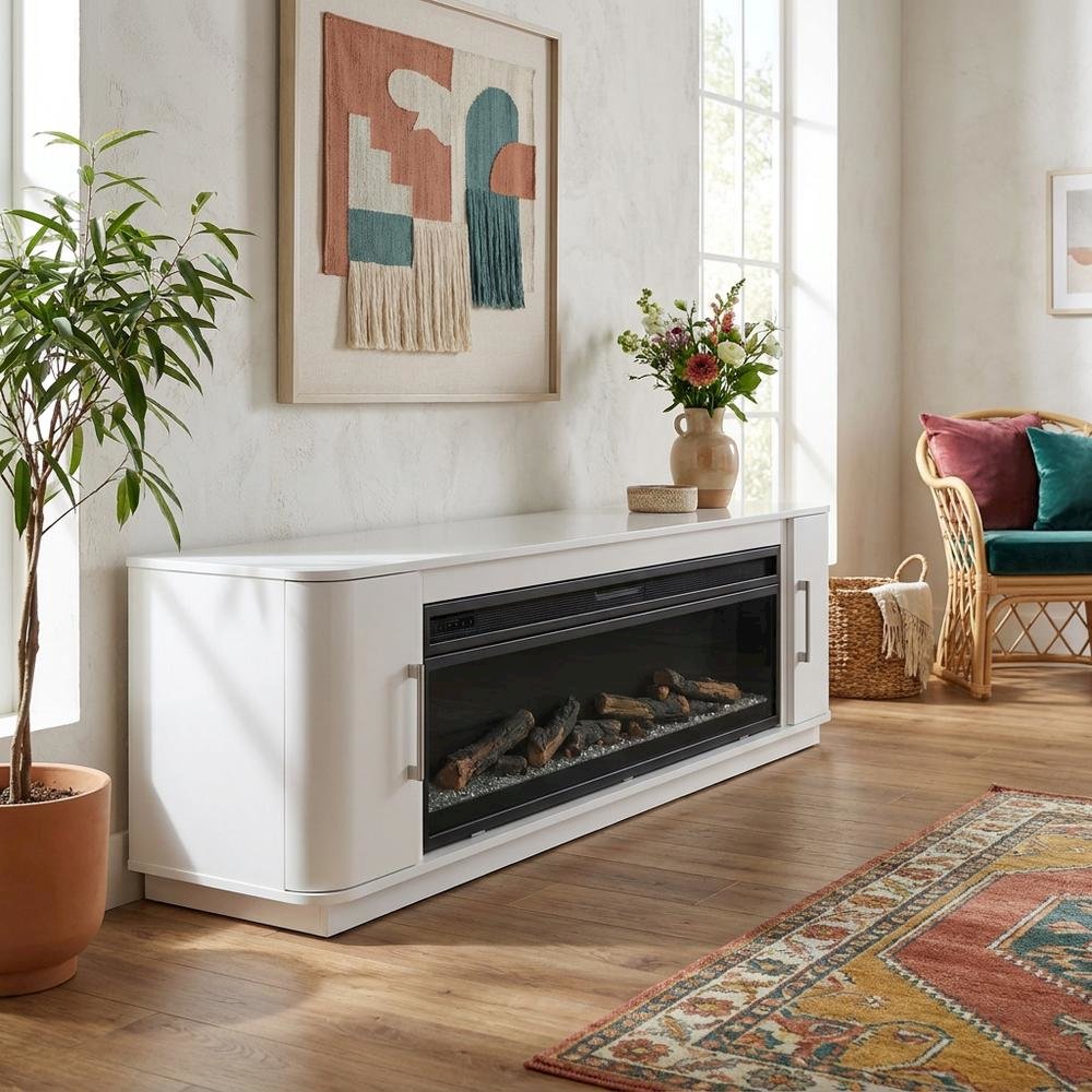 White Wide Fireplace Console, Solid Wood Fully Assembled TV Stand. Picture 2
