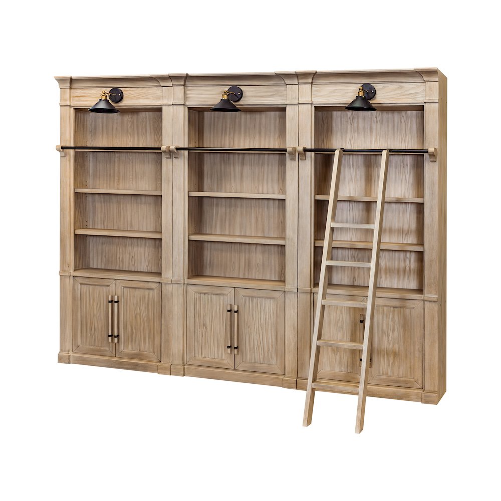 Three 8' Tall Bookcase Wall With Ladder, Storage Organizer, Display Shelf, Brown. Picture 1
