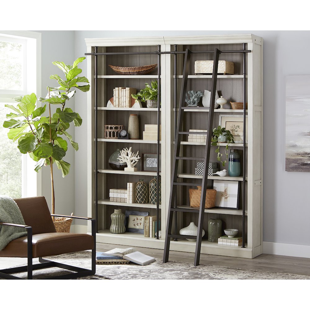8' Tall Bookcase Wall With Ladder, Storage Organizer, Aged Chateau White. Picture 2