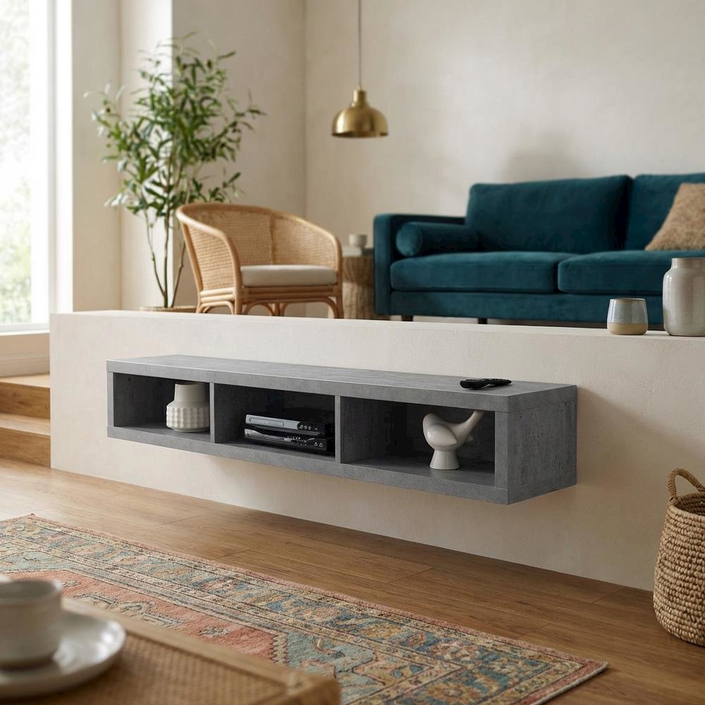 Floating TV Stand Wall Mounted Console, Gray Wood Entertainment Shelf. Picture 3