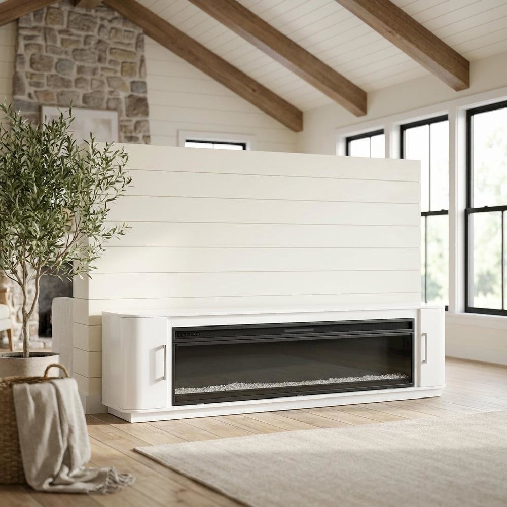 White Wide Fireplace Console, Solid Wood Fully Assembled TV Stand. Picture 3
