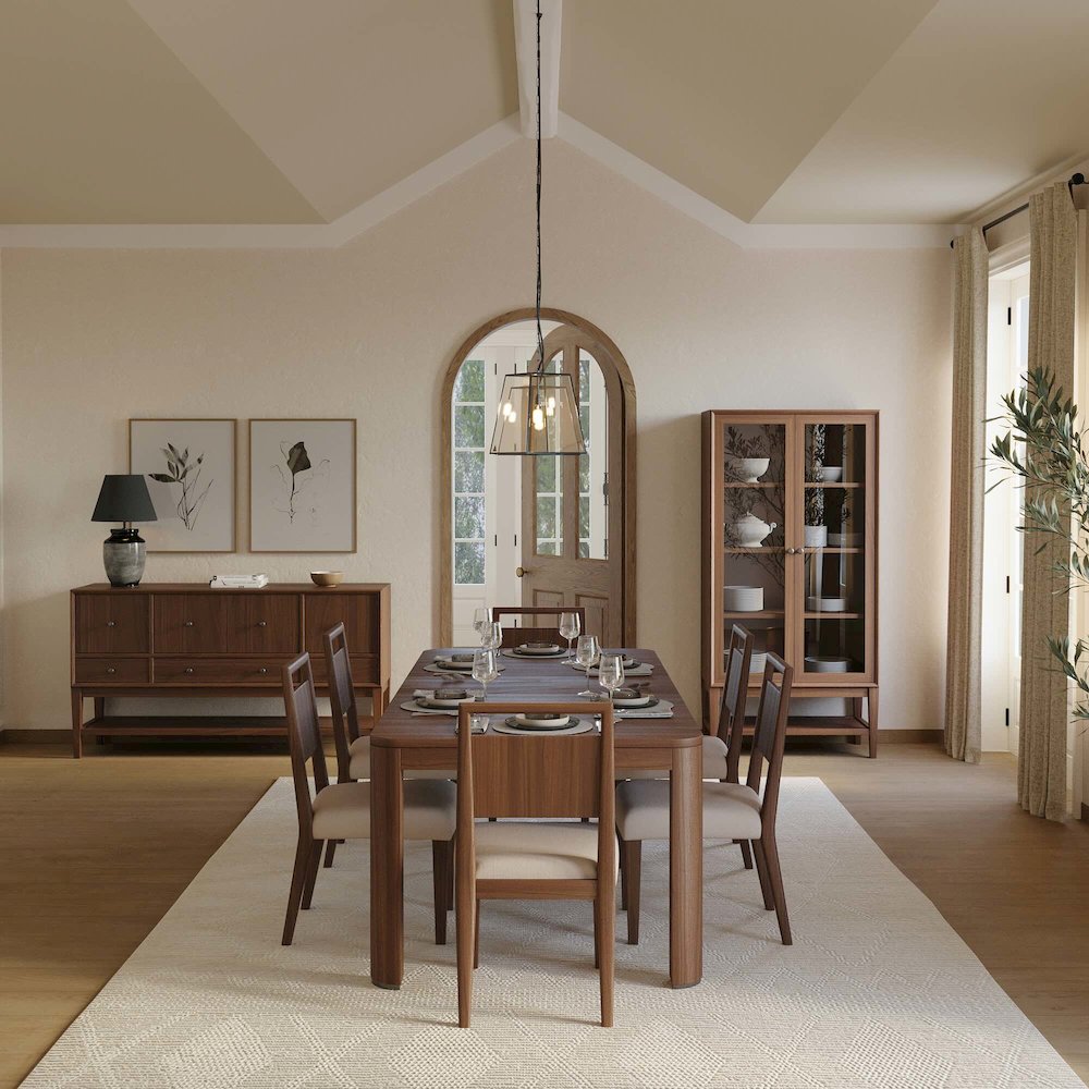 Mid-Century Modern Wood Kitchen Dining Table with Six Chairs, Brown. Picture 11
