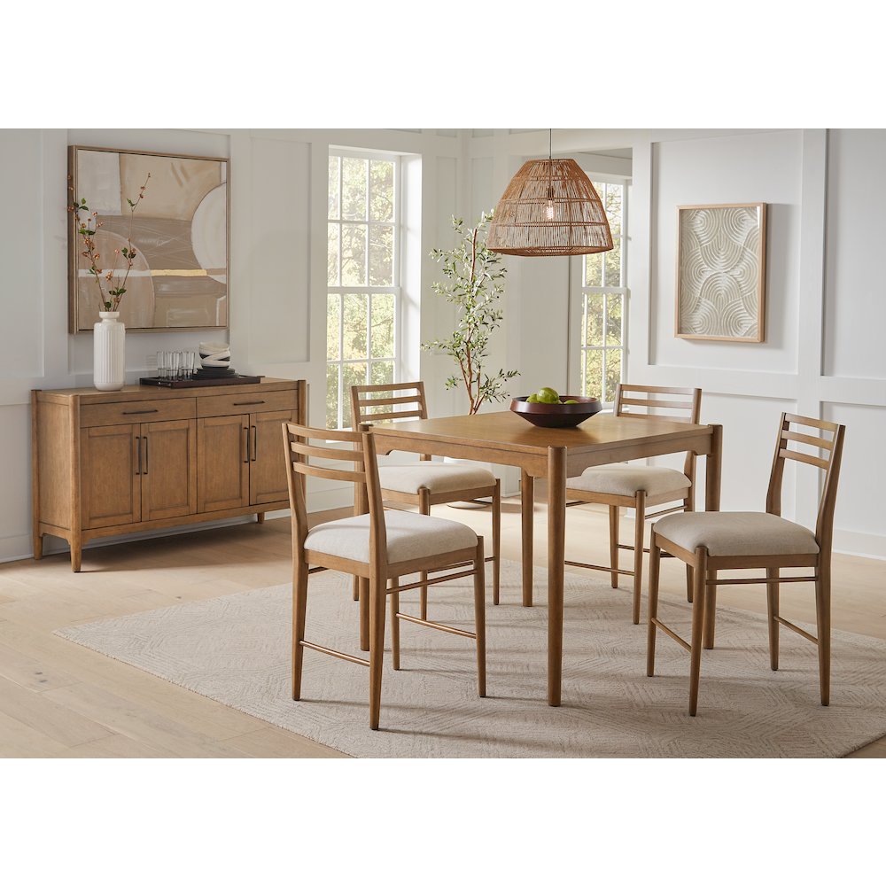 Lachlan Modern Wood Square Counter Height Kitchen Table with Four Chairs, Brown. Picture 16