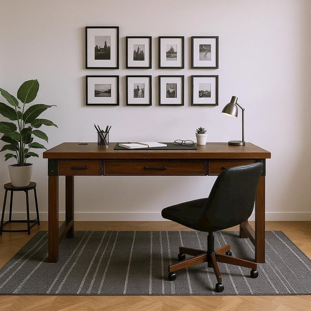 Rustic Walnut Color Farmhouse Desk, Long Wooden Table for Office Use. Picture 3