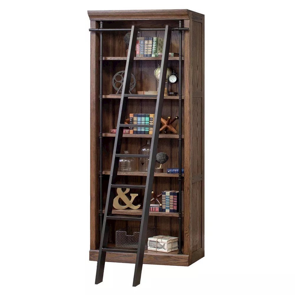 8-Foot Tall Wood Bookcase with 5 Adjustable Shelves, Steel Frame, Brown. Picture 4