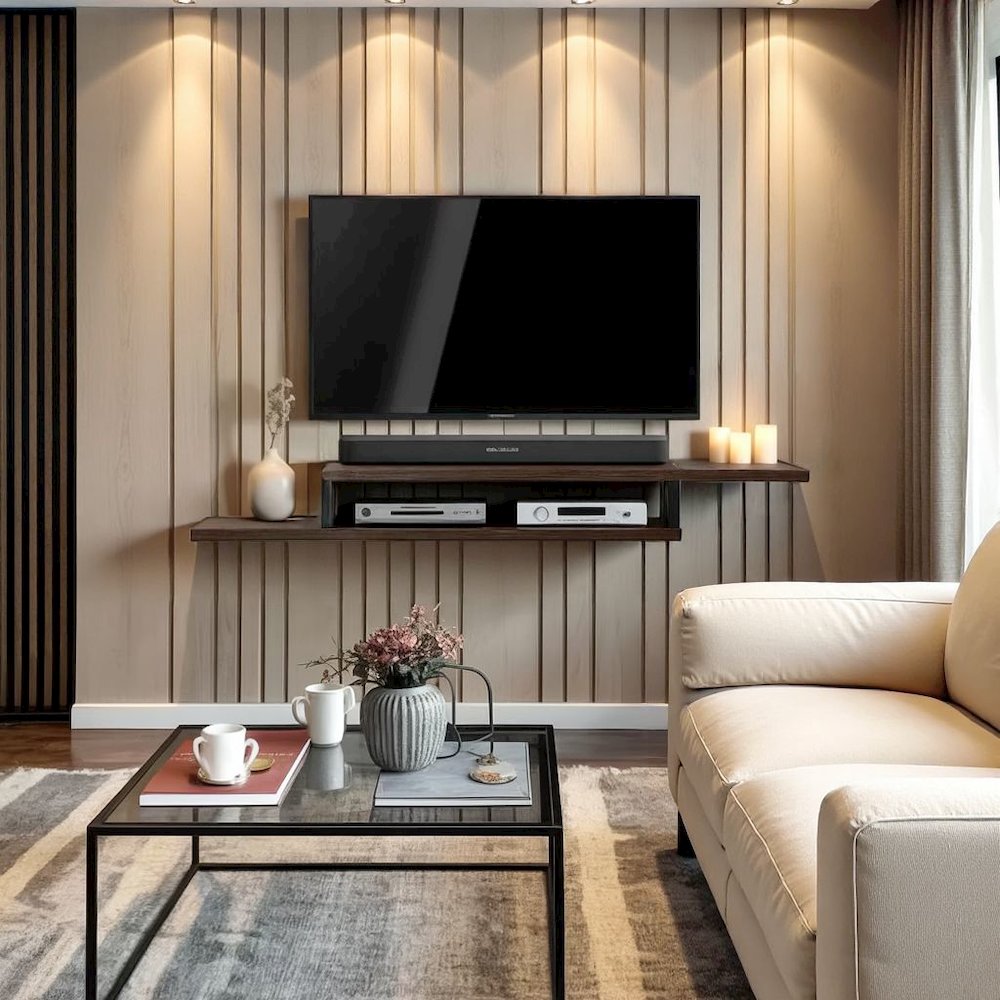 Floating TV Skyline Walnut Stand Wall Mounted Console, 60-Inch Wood Shelf. Picture 3