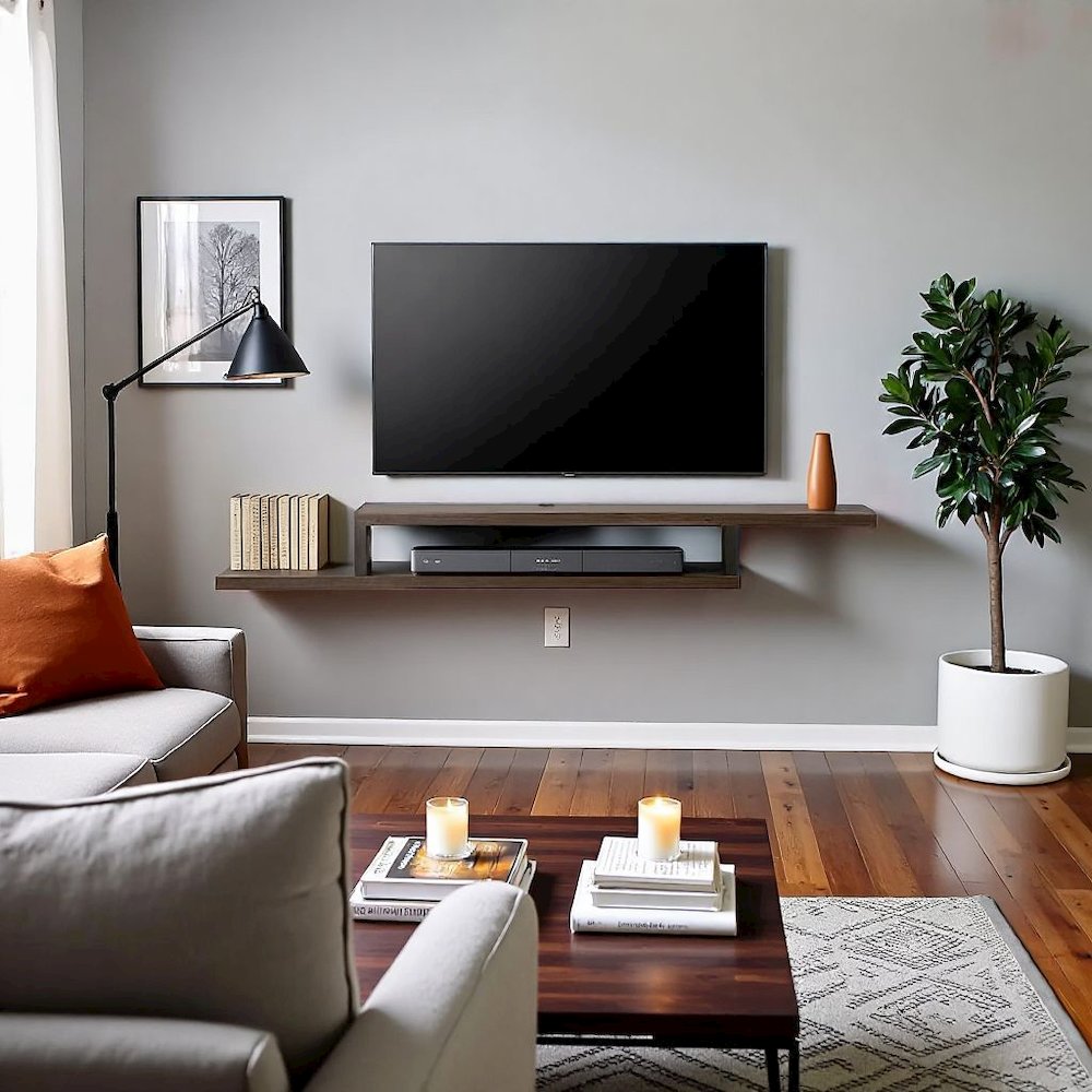 Floating TV Skyline Walnut Stand Wall Mounted Console, 60-Inch Wood Shelf. Picture 2