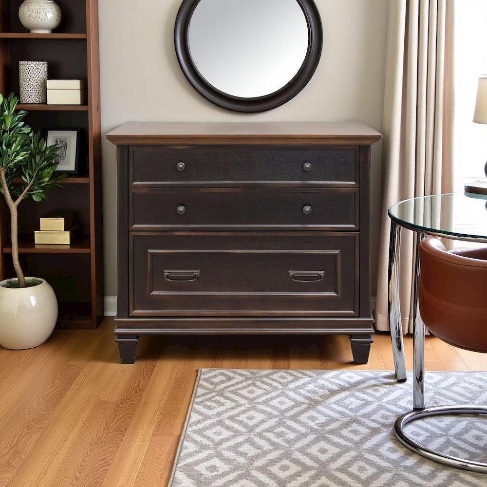 Brown Wood File Cabinet with Lock, 3-Drawer Lateral Filing Cabinet. Picture 4