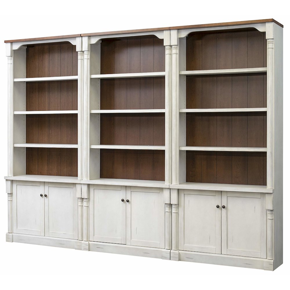 Durham Three Rustic 8' Wood Bookcases With Doors, White. Picture 1