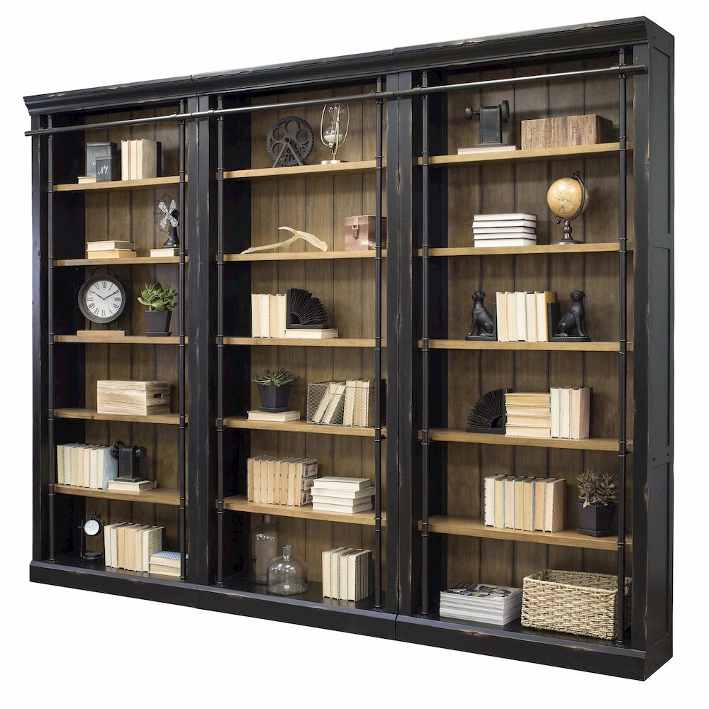 8-Foot Tall 3-Bookcase Wall with Ladder, 12 Adjustable, 3 Fixed Shelves, Black. Picture 1