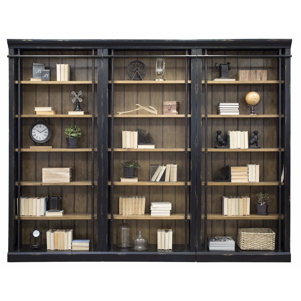 8-Foot Tall 3-Bookcase Wall with Ladder, 12 Adjustable, 3 Fixed Shelves, Black. Picture 4