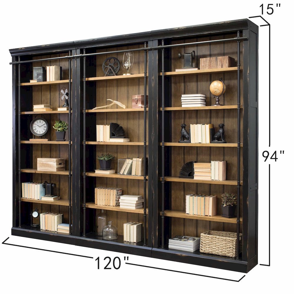 8-Foot Tall 3-Bookcase Wall with Ladder, 12 Adjustable, 3 Fixed Shelves, Black. Picture 5