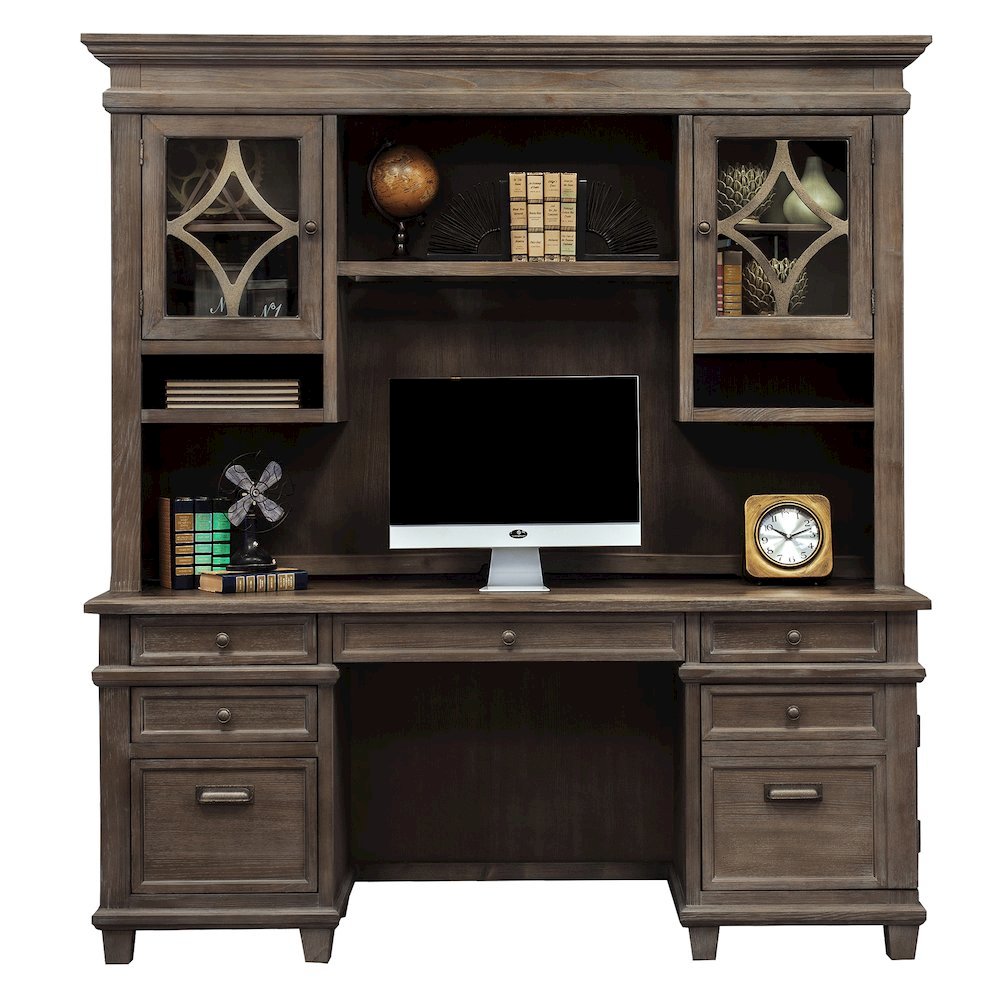 Wood Credenza Desk, 4 Drawers, File Drawer, Printer Tray, Power Center, Gray. Picture 5