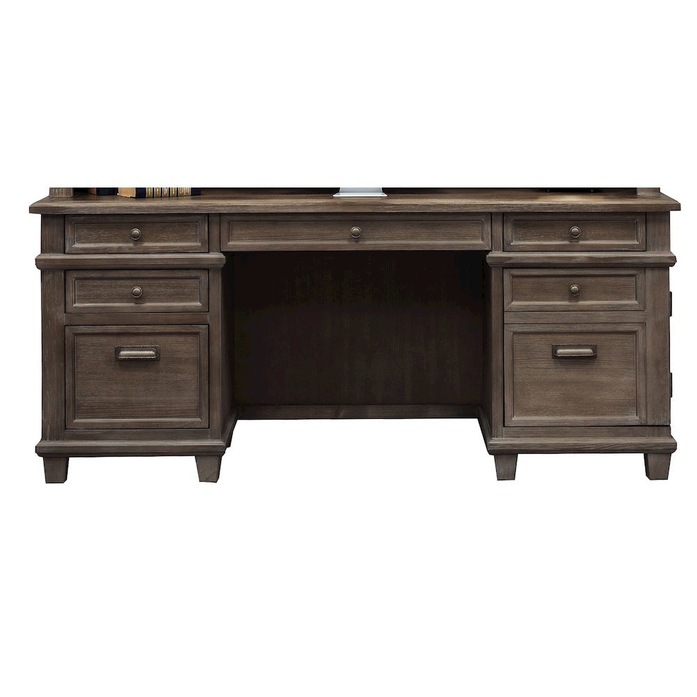 Wood Credenza Desk, 4 Drawers, File Drawer, Printer Tray, Power Center, Gray. Picture 4