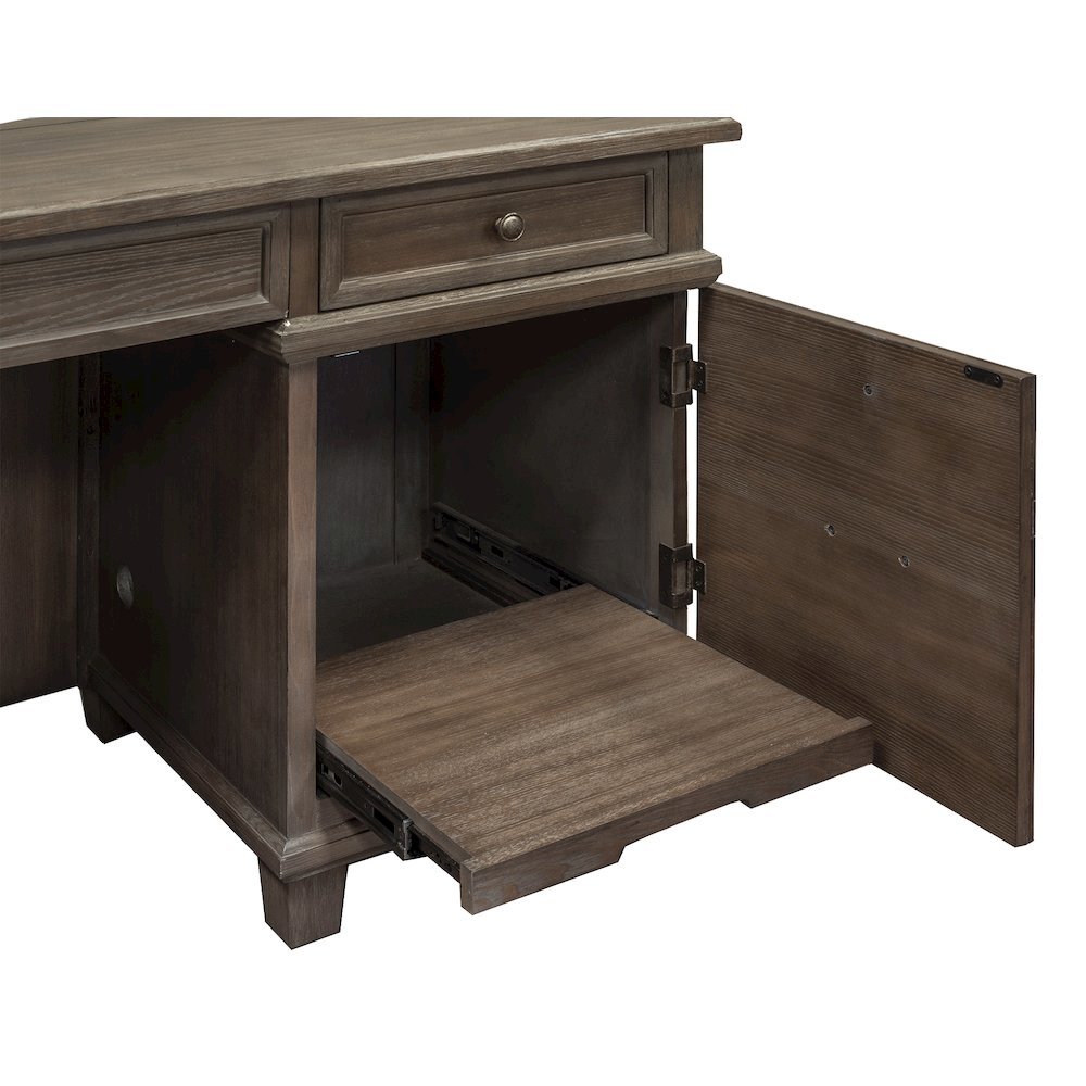 Wood Credenza Desk, 4 Drawers, File Drawer, Printer Tray, Power Center, Gray. Picture 6