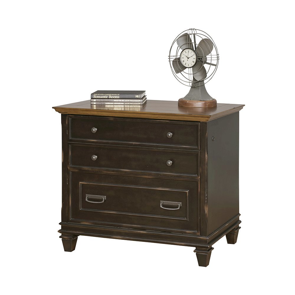 Brown Wood File Cabinet with Lock, 3-Drawer Lateral Filing Cabinet. Picture 1