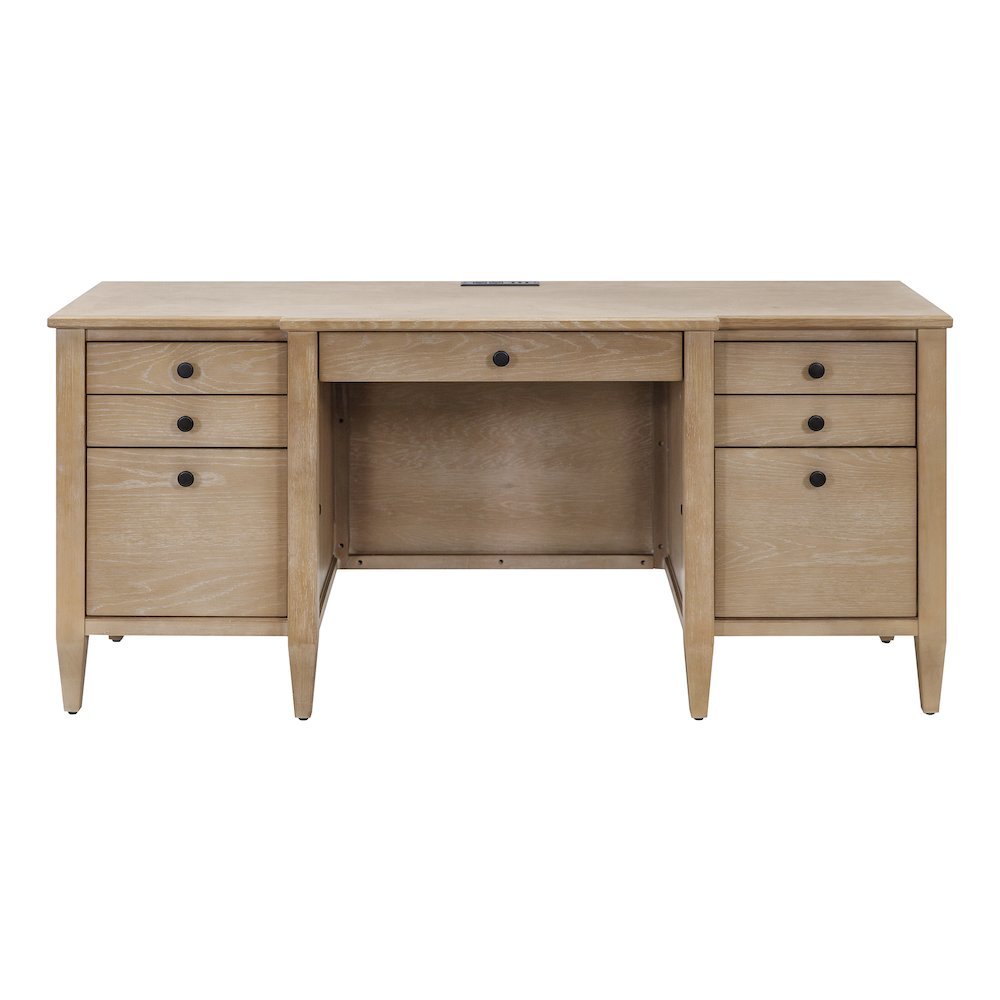 Wood Credenza Desk, 7 Drawers, 2 Locking Files, Power Center, Brown. Picture 1