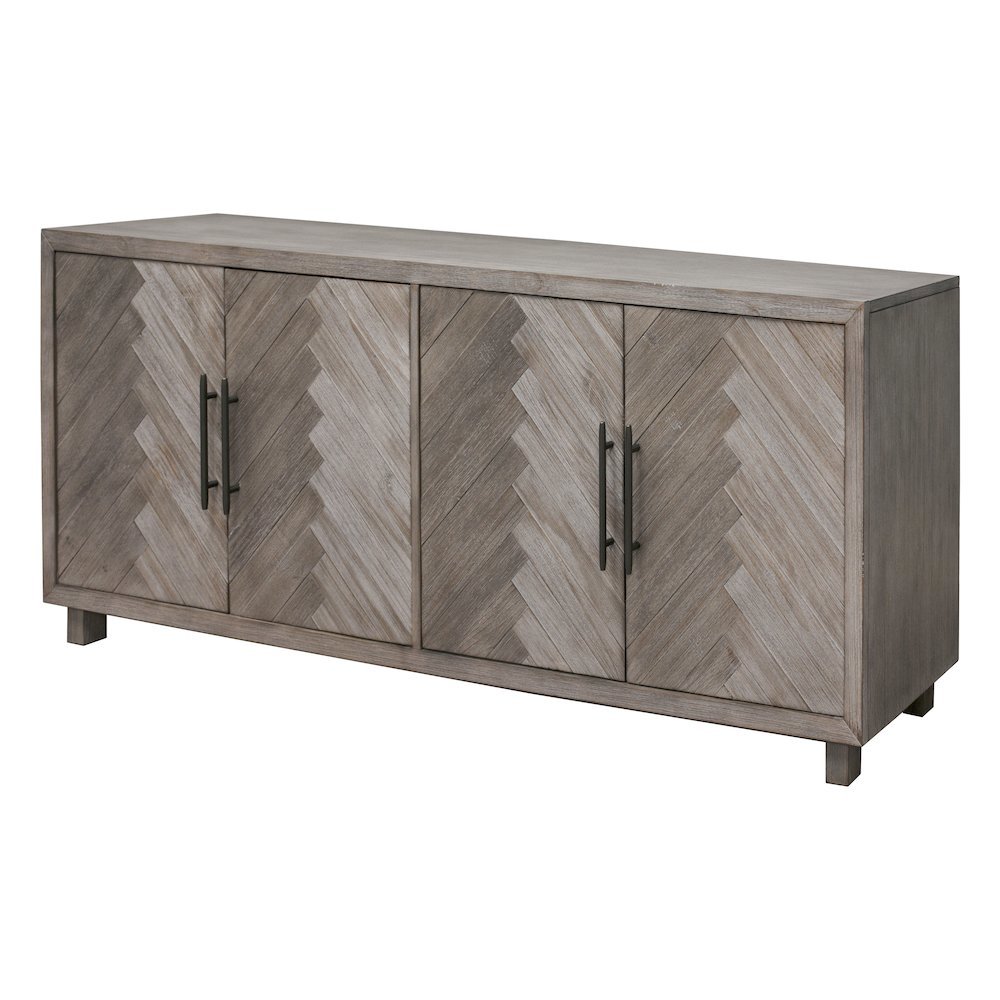 80 Inch Four Door TV Console, Distressed Gray, Herringbone, 2 Shelves. Picture 8
