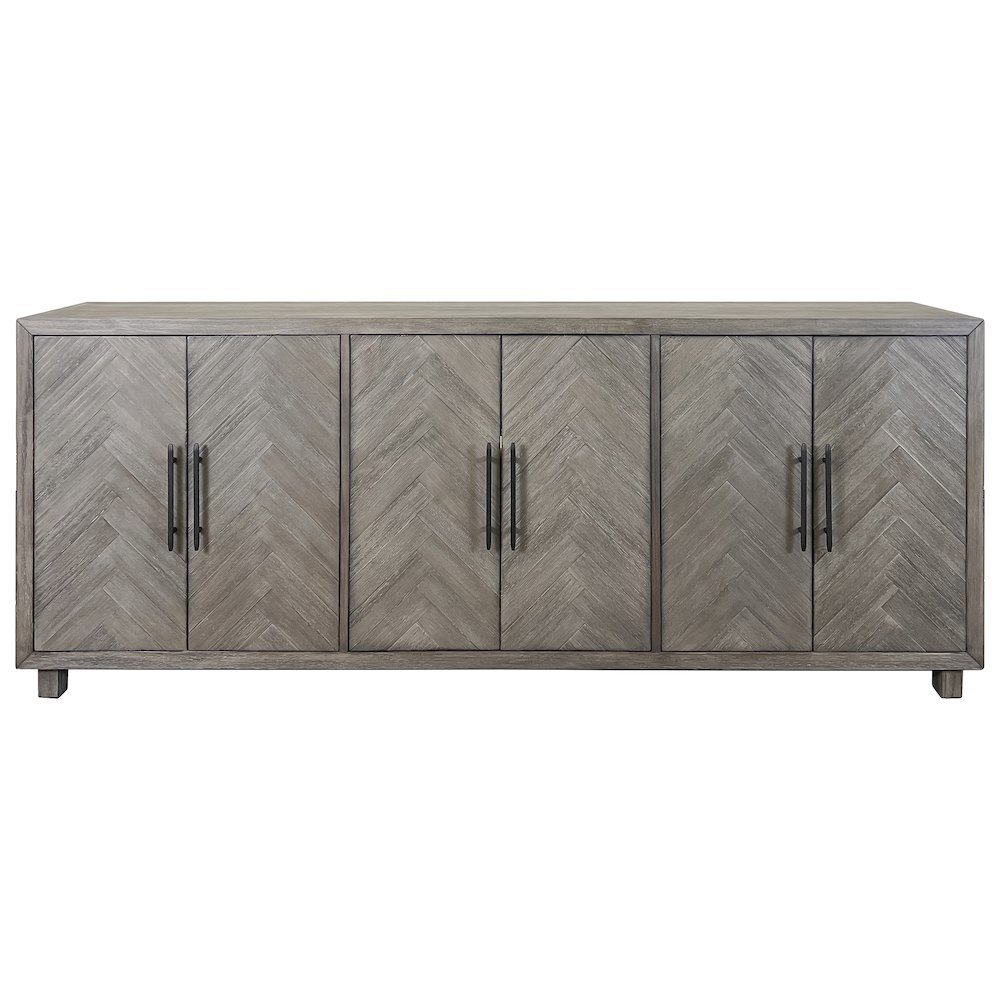 90 Inch Six Door Console, Distressed Gray, Herringbone, 3 Shelves. Picture 1