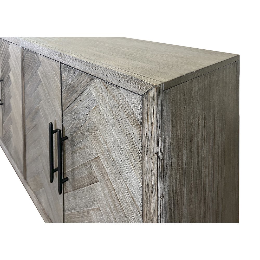 90 Inch Six Door Console, Distressed Gray, Herringbone, 3 Shelves. Picture 4