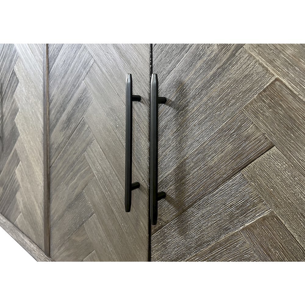 90 Inch Six Door Console, Distressed Gray, Herringbone, 3 Shelves. Picture 7