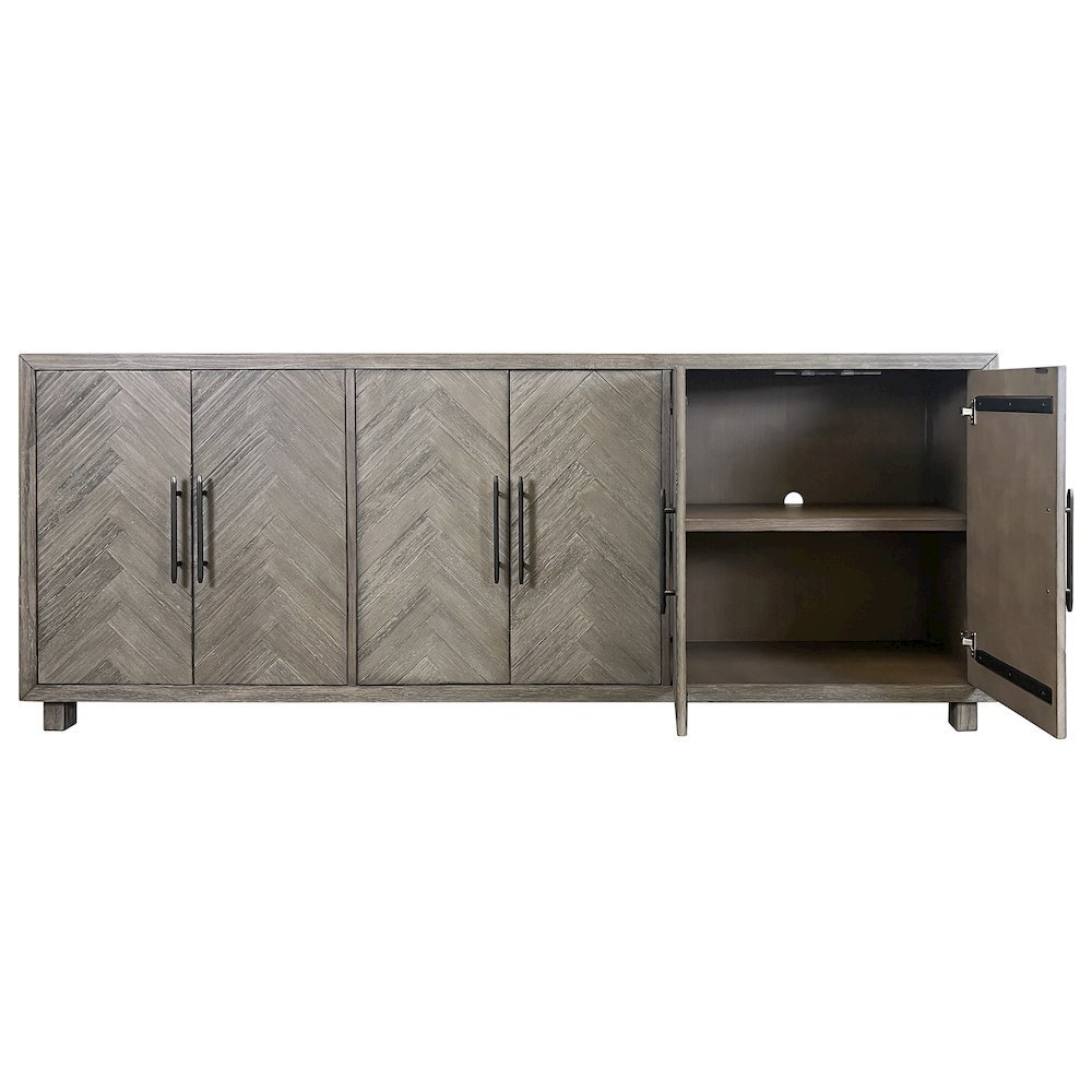 90 Inch Six Door Console, Distressed Gray, Herringbone, 3 Shelves. Picture 5