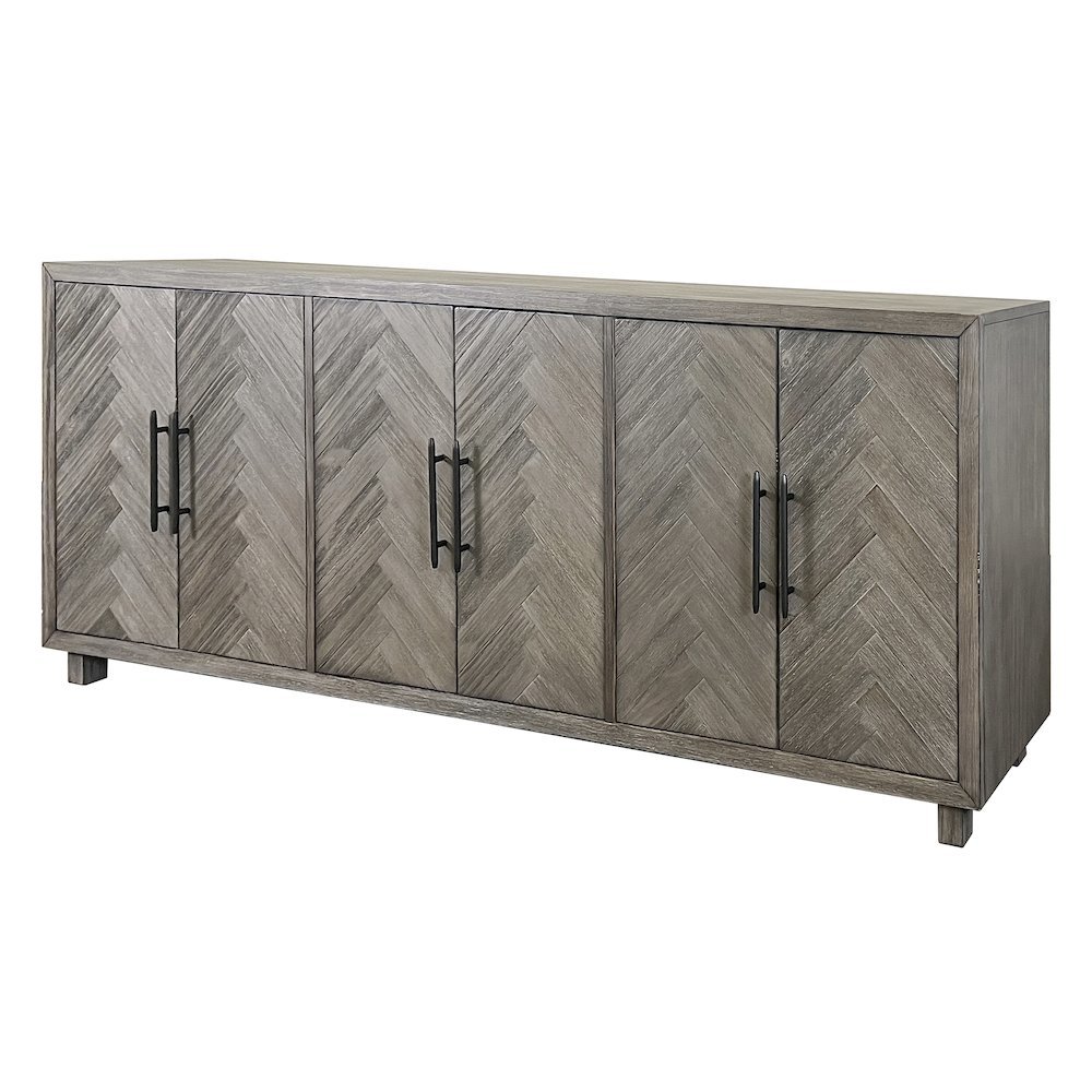 90 Inch Six Door Console, Distressed Gray, Herringbone, 3 Shelves. Picture 6