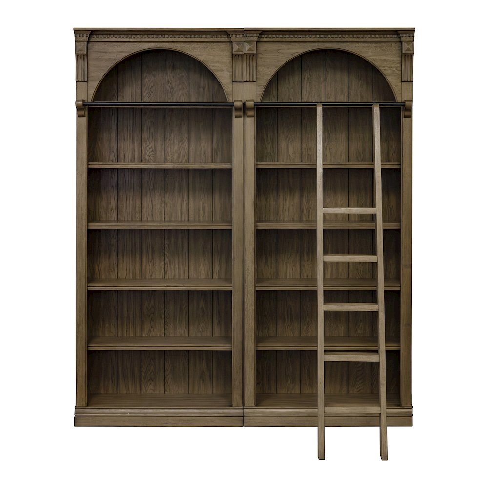 8 Foot Bookcase Wall, Ladder, Adjustable Shelves, Brown. Picture 4
