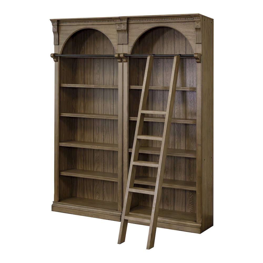 8 Foot Bookcase Wall, Ladder, Adjustable Shelves, Brown. Picture 1