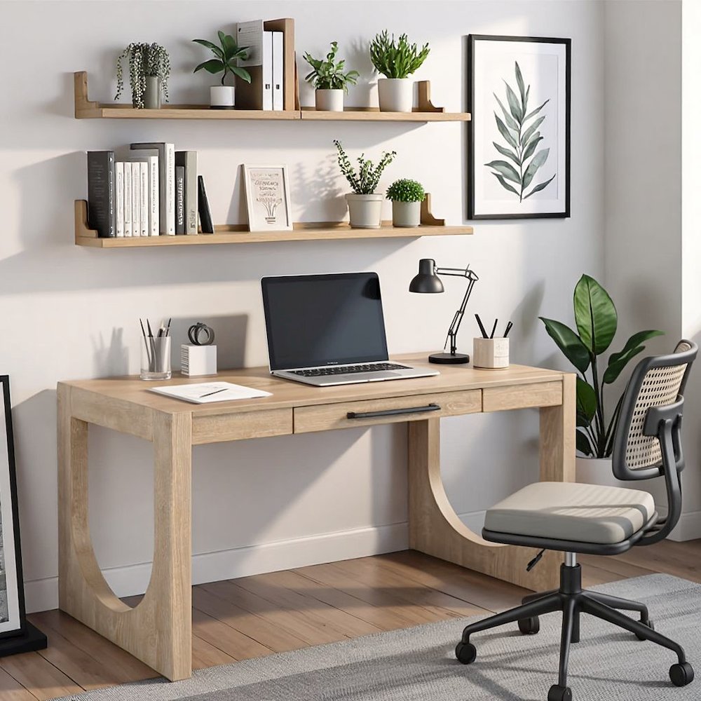 Modern Light Brown Desk – 55 Inch Computer Desk With Long Table Design. Picture 3
