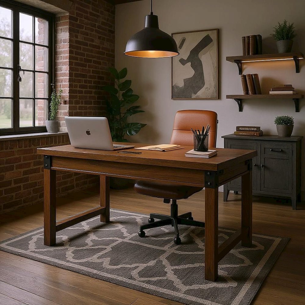 Rustic Walnut Color Farmhouse Desk, Long Wooden Table for Office Use. Picture 2