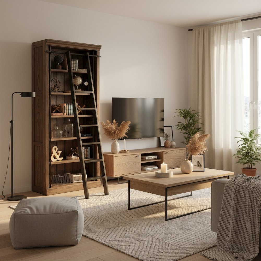 8-Foot Tall Wood Bookcase with 5 Adjustable Shelves, Steel Frame, Brown. Picture 3