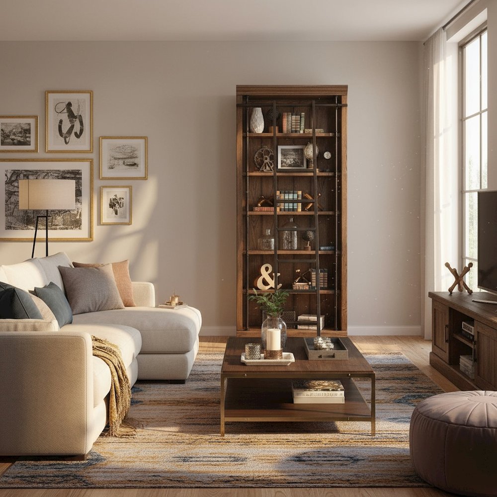 8-Foot Tall Wood Bookcase with 5 Adjustable Shelves, Steel Frame, Brown. Picture 2