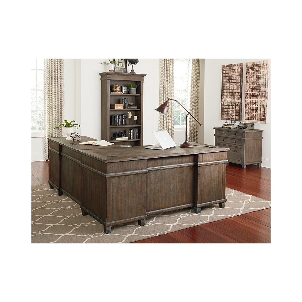 Carson Wood L-Desk & Return, Writing Table, Office Desk, Gray. Picture 3