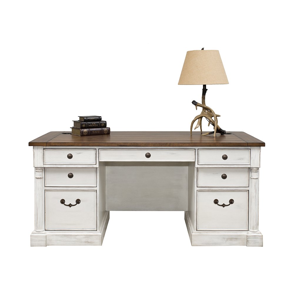 Durham Rustic Wood Double Pedestal Executive Desk, White. Picture 1