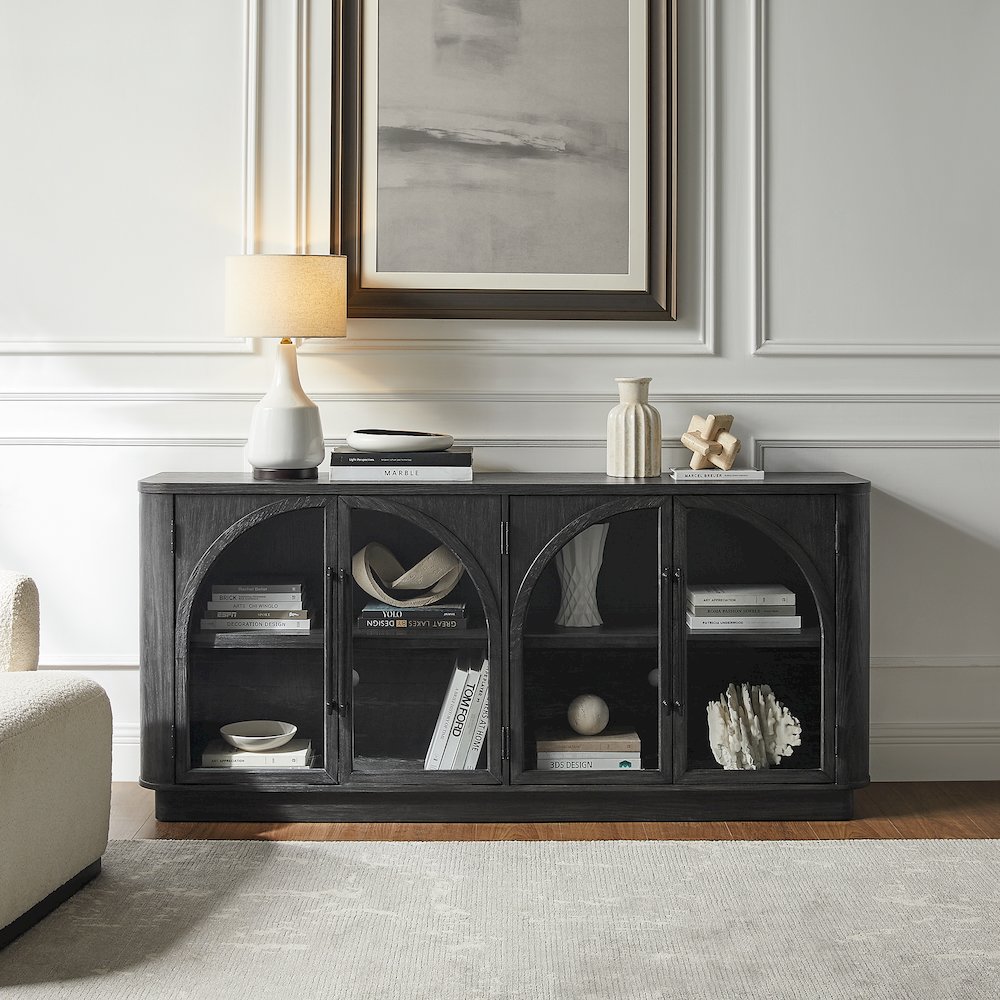 Wood 70" Console with glass doors, TV Stand, Accent Cabinet, Black. Picture 10