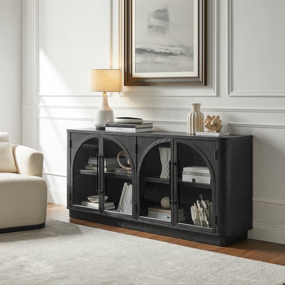 Wood 70" Console with glass doors, TV Stand, Accent Cabinet, Black. Picture 11