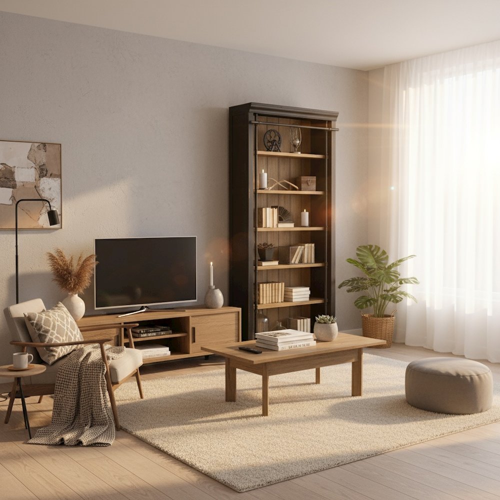 8-Foot Tall Wood Bookcase with 4 Adjustable Shelves, Steel Frame, Black. Picture 2