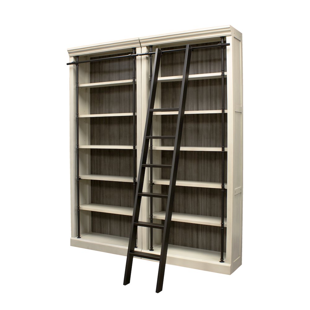 8' Tall Bookcase Wall With Ladder, Storage Organizer, Aged Chateau White. Picture 1