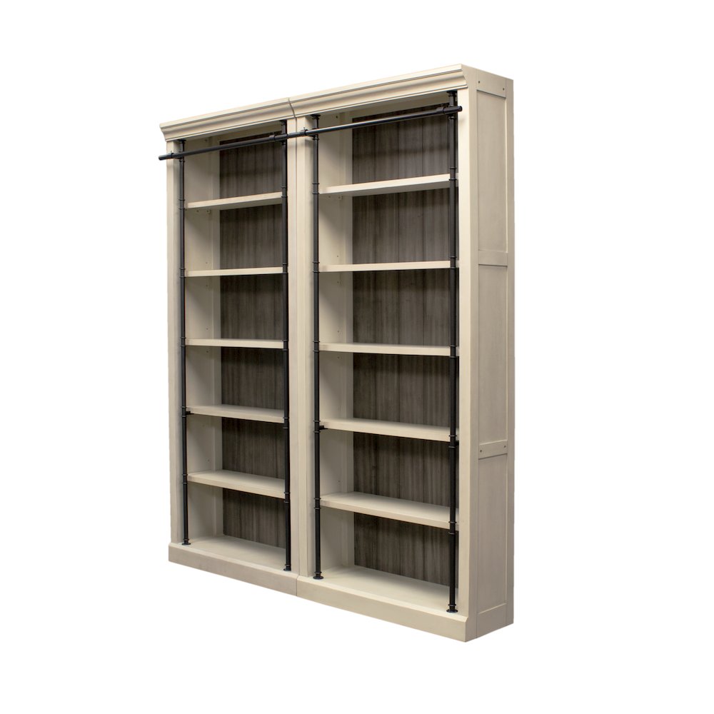 8' Tall Bookcase Wall With Ladder, Storage Organizer, Aged Chateau White. Picture 3