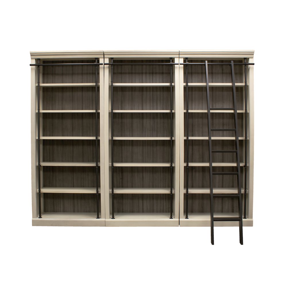 8' Tall Bookcase Wall With Ladder, Storage Organizer, Aged Chateau White. Picture 2